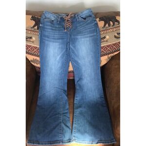 Womens Denim Flare Jeans Lace Up Front Distressed Medium Wash Size 9
